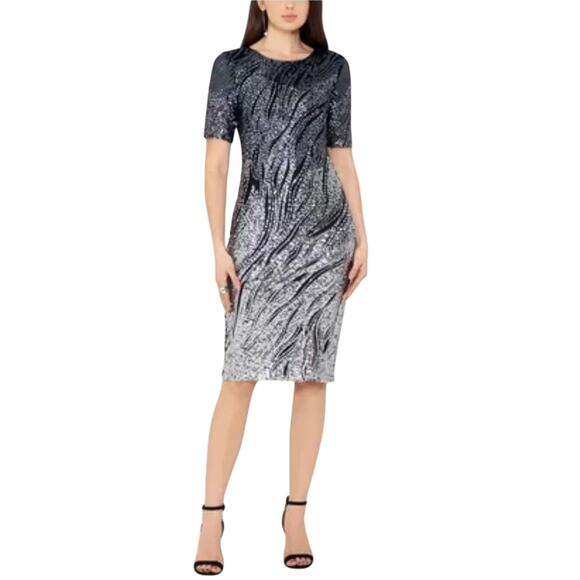 Betsy & Adam Dresses & Skirts - Betsy & Adam Sequined Midi Sheath Cocktail Dress Black and Silver Size 8